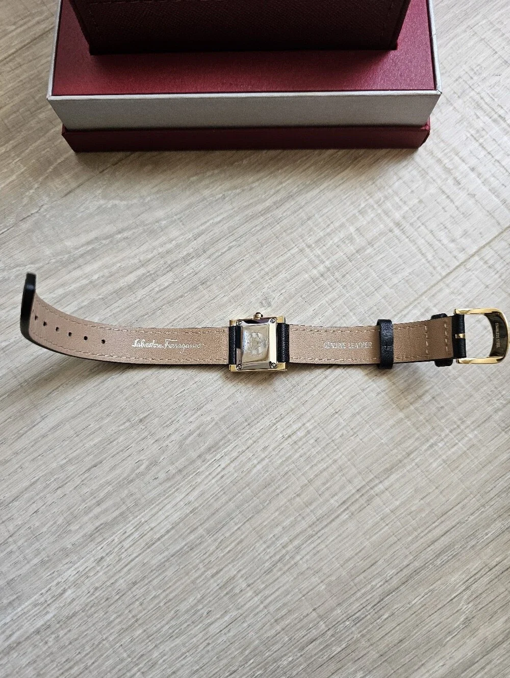 NIB Salvatore Ferragamo Black and Gold Leather Watch